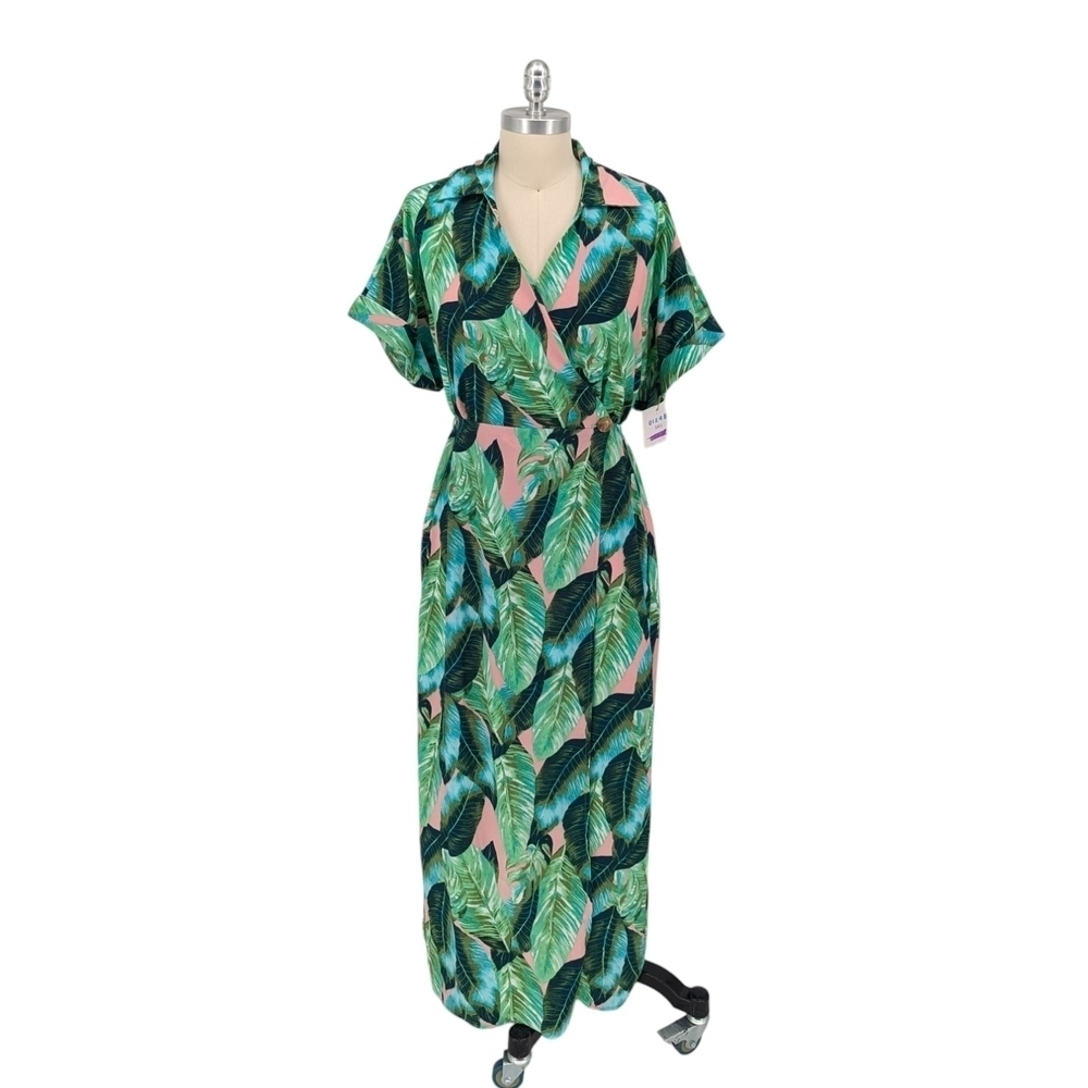Stella & Julie Floral Tropical Wrap Shirtdress Green S hawaiian beach summer